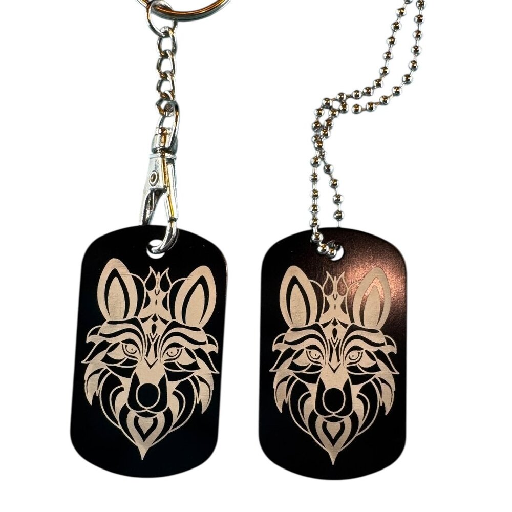 Tribal Wolf Dog Tag Necklace and Keychain Set, Black Metal with Gold Design, Bal